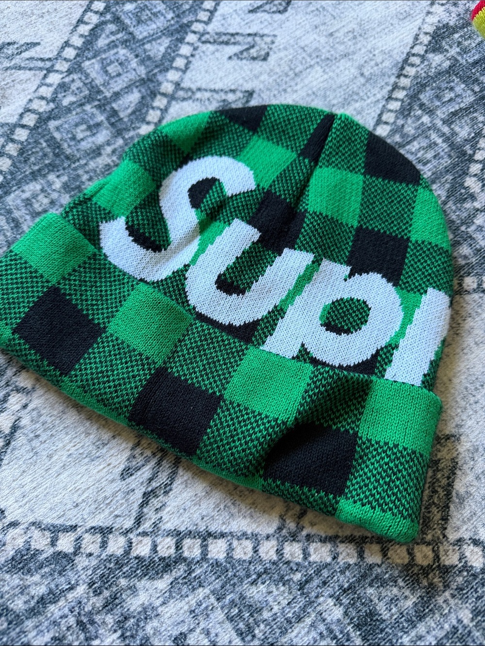 Supreme Green and Black Checkered Beanie with White Logo